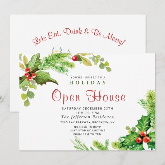 Invitation Festive Holly Berry Christmas Holiday Open House (Devant / Derrière)