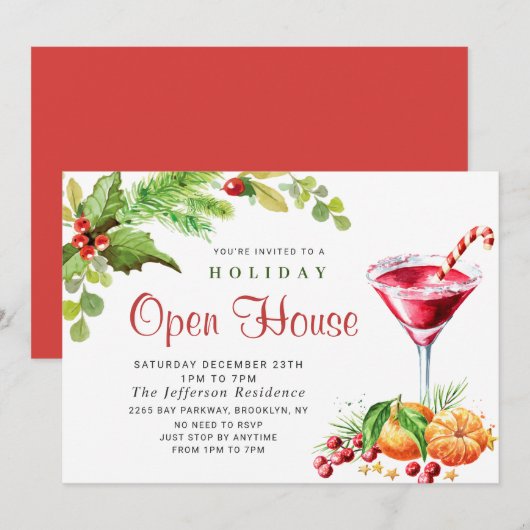 Invitation Festive Holly Berry Christmas Holiday Open House (Devant / Derrière)