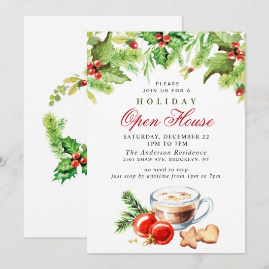 Invitation Festive Holly Berry Christmas Holiday Open House (Devant / Derrière)