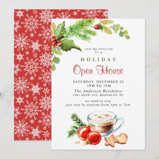 Invitation Festive Holly Berry Christmas Holiday Open House (Devant / Derrière)