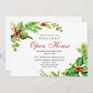 Invitation Festive Holly Berry Christmas Holiday Open House