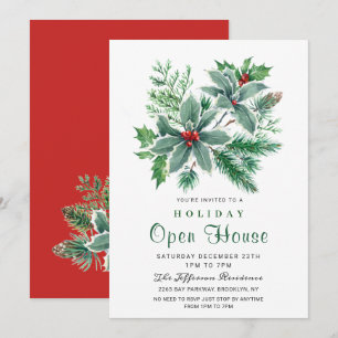 Invitation Festive Holly Berry Christmas Holiday Open House