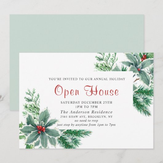 Invitation Festive Holly Berry Holiday Christmas Open House (Devant / Derrière)