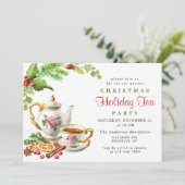Invitation Festive Holly Berry Noël Fête Tea Party (Debout devant)