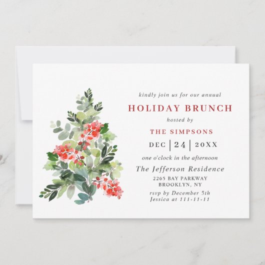 Invitation Festive Holly Berry Tree VACANCES BRUNCH NOËL (Devant)