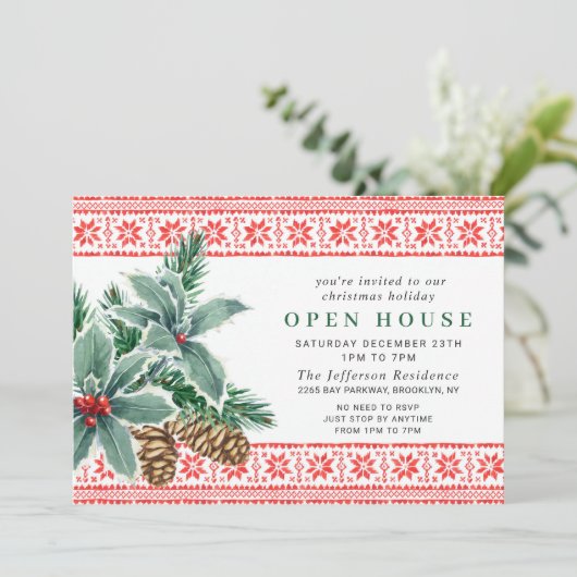 Invitation Festive Holly Berry vacances de Noël OPEN HOUSE (Debout devant)
