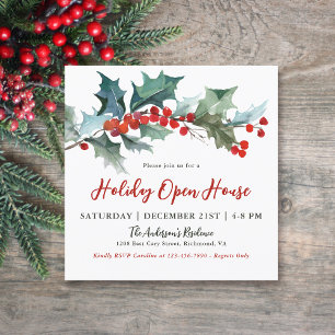 Invitation Festive Holly et Berries Holiday Open House