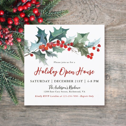 Invitation Festive Holly et Berries Holiday Open House