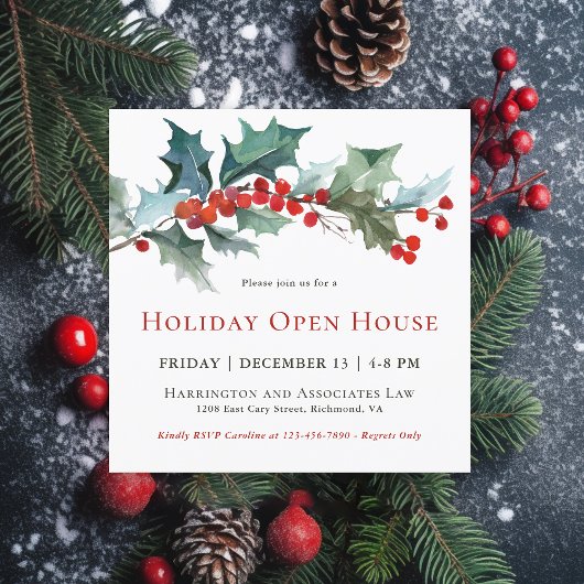 Invitation Festive Holly et Berries Holiday Open House