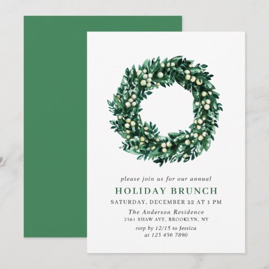 Invitation Festive Holly Wreath Christmas HOLIDAY BRUNCH (Devant / Derrière)