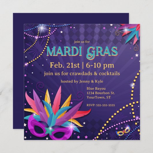 Invitation Festive Mardi Gras Masques & Perles (Devant / Derrière)