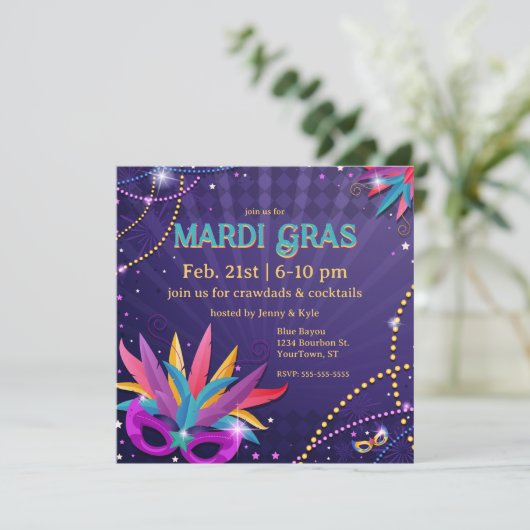 Invitation Festive Mardi Gras Masques & Perles (Debout devant)