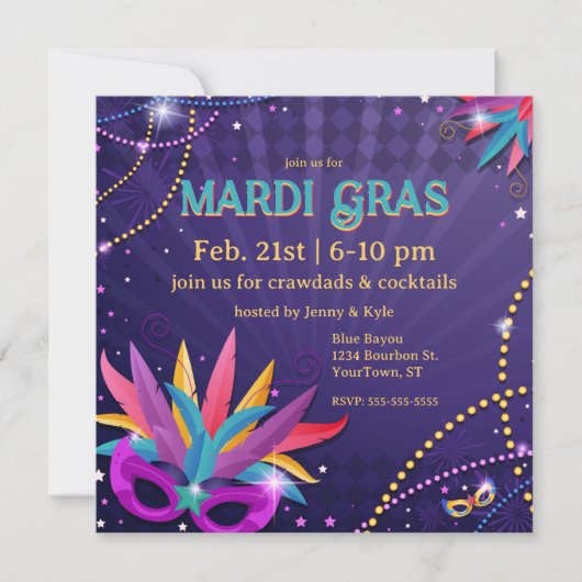 Invitation Festive Mardi Gras Masques & Perles (Devant)