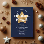 Invitation Festive Marine Blue Gold Star Noël Brunch
