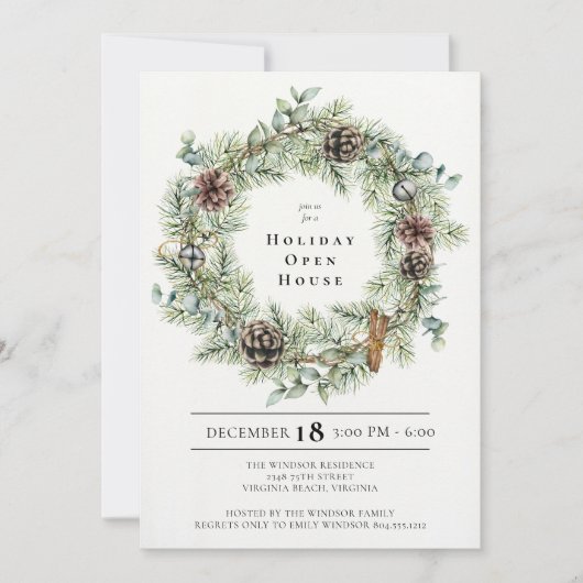 Invitation Festive Natural Wreath Holiday Open House Invitati (Devant)