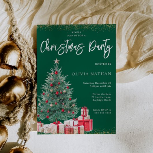 Invitation Festive Noël Arbre & Cadeaux Green Christmas Party