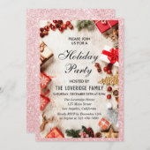 Invitation Festive Noël Fête Rose Parties scintillant d'or (Devant / Derrière)