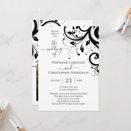 Invitation Festive noir et blanc, photo sur le dos (Devant/Arrière en situation)