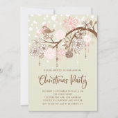 Invitation Festive Oiseau rose et Fleurs Noël (Devant)