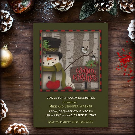 Invitation Festive Oiseaux de neige Birch Tree Red Green Holi