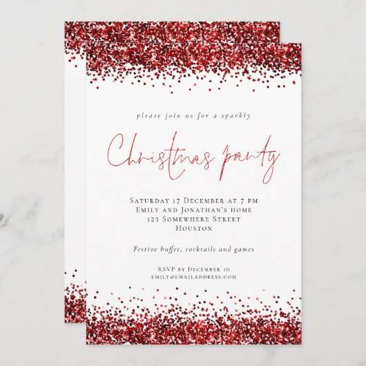 Invitation Festive Parties scintillant rouge Script fête de N (Devant / Derrière)