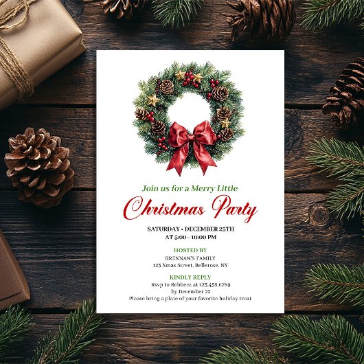Invitation Festive Pine Wreath Christmas Party Editable Card
