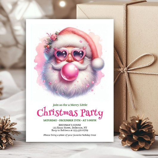 Invitation Festive pink santa chewing gum watercolor invite