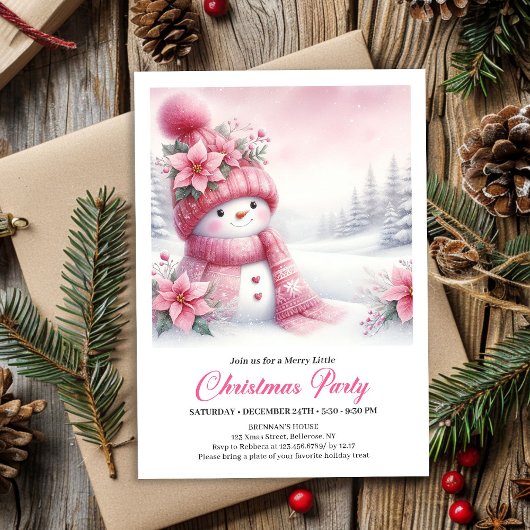 Invitation Festive Pink Snowman Kids Christmas Invite Digital