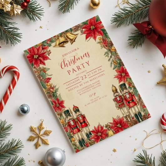 Invitation Festive Poinsettia Bells Holiday