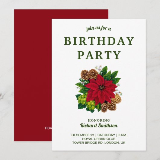 Invitation Festive Poinsettia fête d'anniversaire de Noël (Devant / Derrière)