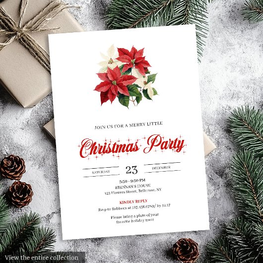 Invitation Festive Red Poinsettia Floral Script Font Xmas