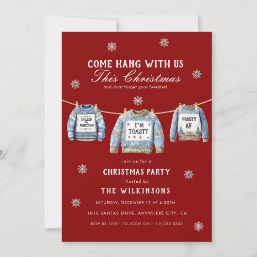 Invitation Festive Red xmas Sweater Christmas Party (Devant)