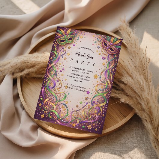 Invitation Festive Ribbon Mask Mardi Gras Masquerade