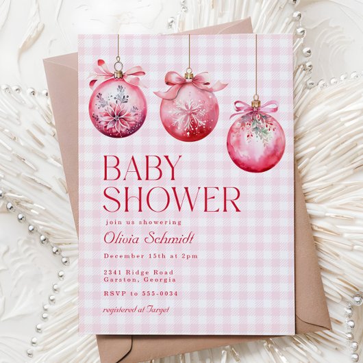 Invitation Festive rose ornement de Noël Baby shower fille