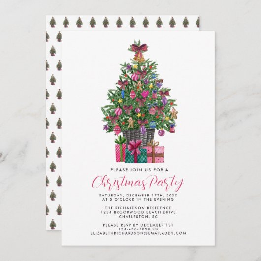 Invitation Festive rose Whimsical Christmas Tree Party rose (Devant / Derrière)