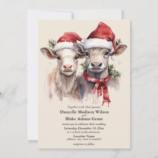 Invitation Festive Santa Hat Cow Calves Christmas Wedding  (Devant)