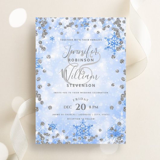 Invitation Festive Silver Blue Glam Élégant Mariage d'hiver