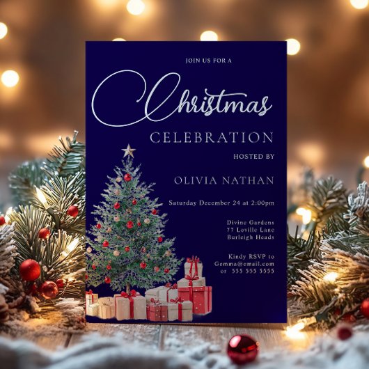 Invitation Festive Tree Family Navy Corporate Christmas Party