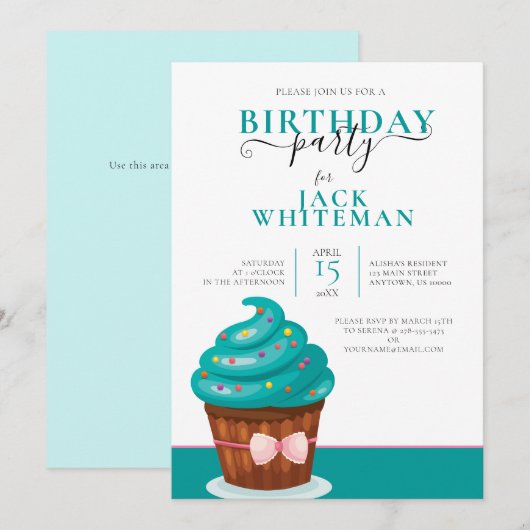 INVITATION FESTIVE TURQUOISE CUPCAKE ANNIVERSAIRE FÊTE INVITA (Devant / Derrière)