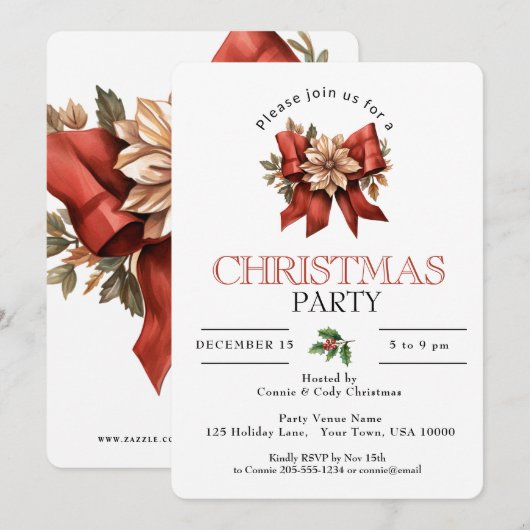 INVITATION FESTIVE VACANCES BOW CHRISTMAS PARTY (Devant / Derrière)