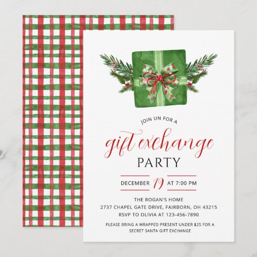 Invitation Festive Watercolor Gift Exchange Christmas Party (Devant / Derrière)