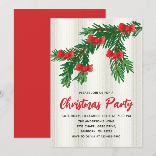 Invitation Festive Watercolor Greenery Red Bow Christmas (Devant / Derrière)