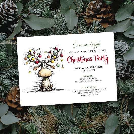 Invitation Festive whimsical reindeer Christmas party invite