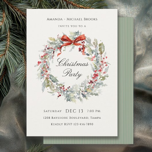 Invitation Festive Wreath Red Bow Christmas Party