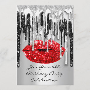 Invitation Fête 16e Red Lips Kiss Black Grey Parties scintill