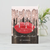 Invitation Fête 16ème Baiser Lèvres Rose Paillettes Bois. Rou (Debout devant)