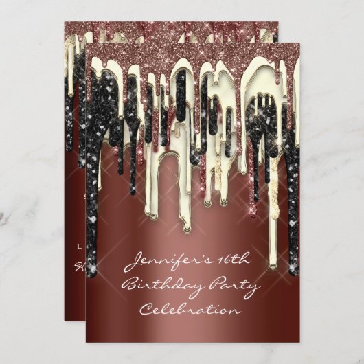 Invitation Fête 16ème Brown Brown Paillettes Drips (Devant / Derrière)
