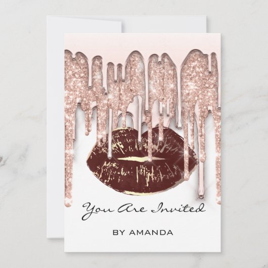 Invitation Fête 16ème Rouge Baiser Lèvres Rose Paillettes Bla (Devant)