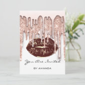 Invitation Fête 16ème Rouge Baiser Lèvres Rose Paillettes Bla (Debout devant)