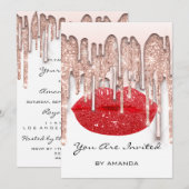 Invitation Fête 16ème Rouge Baiser Lèvres Rose Paillettes Bla (Devant / Derrière)